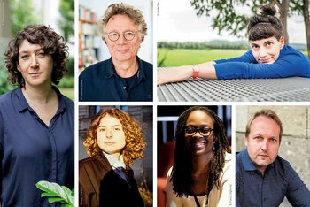 die sechs Autor*innen blicken in die Kamera